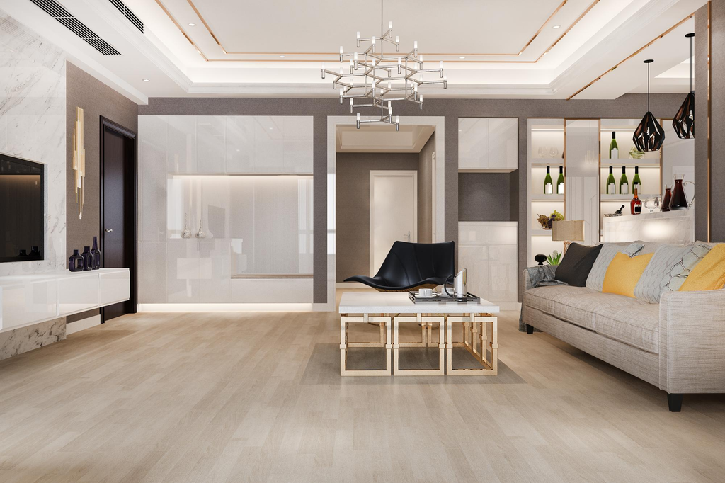 Ubin lantai matte pada interior rumah modern minimalis