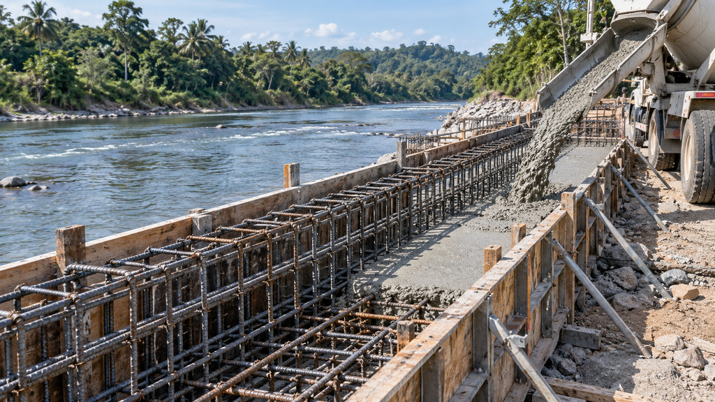 Proses pembesian dan pengecoran tanggul sungai menggunakan beton ready mix