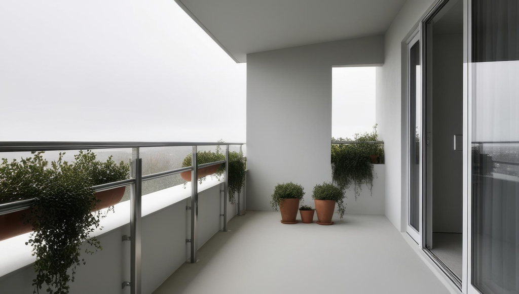 Balkon rumah minimalis bergaya monokrom dengan warna putih, abu-abu, dan hitam