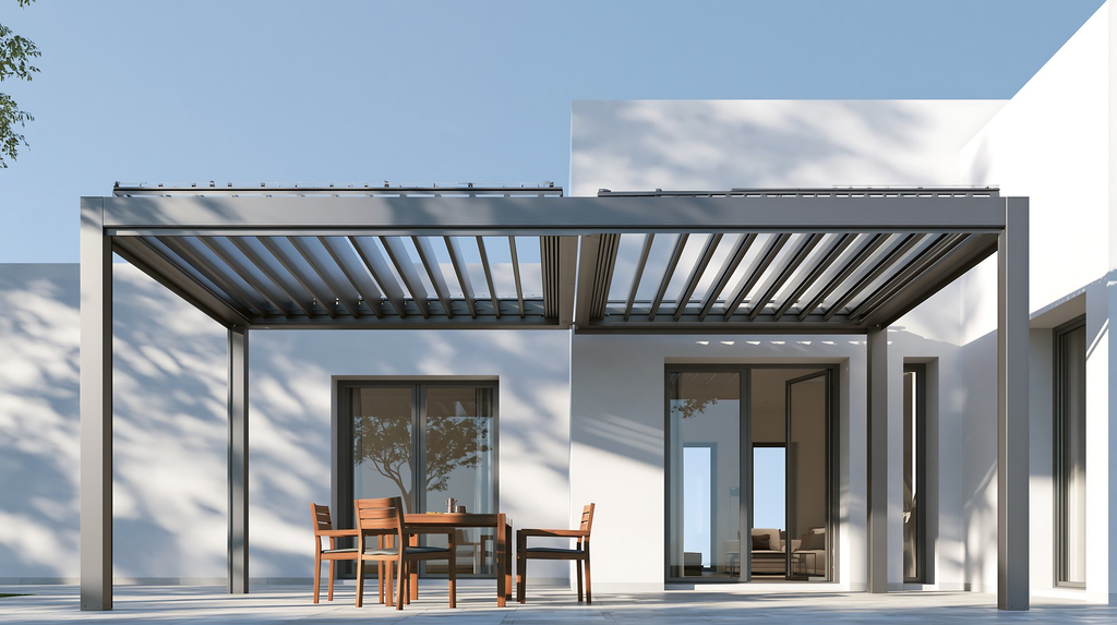 Balkon rumah minimalis dengan pergola sebagai peneduh