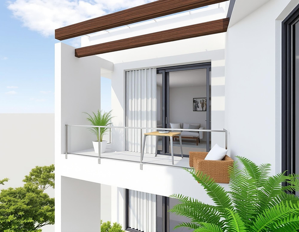 Balkon rumah minimalis semi terbuka dengan atap dan kisi-kisi