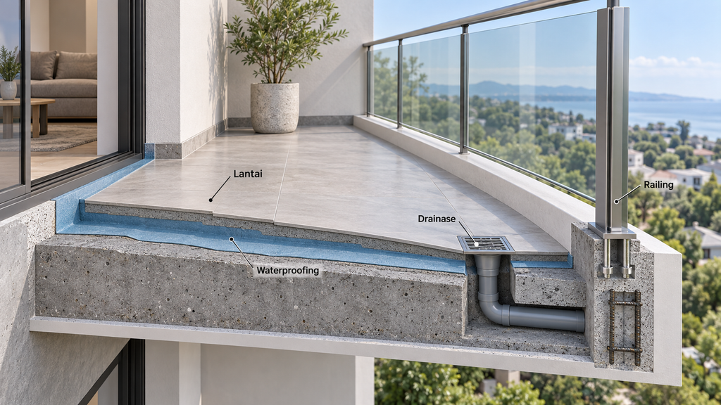 Detail konstruksi lantai, drainase, waterproofing, dan railing balkon rumah