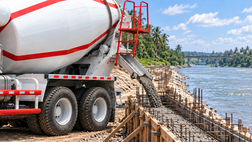Pengecoran struktur tanggul sungai menggunakan beton ready mix Jayamix by SCG