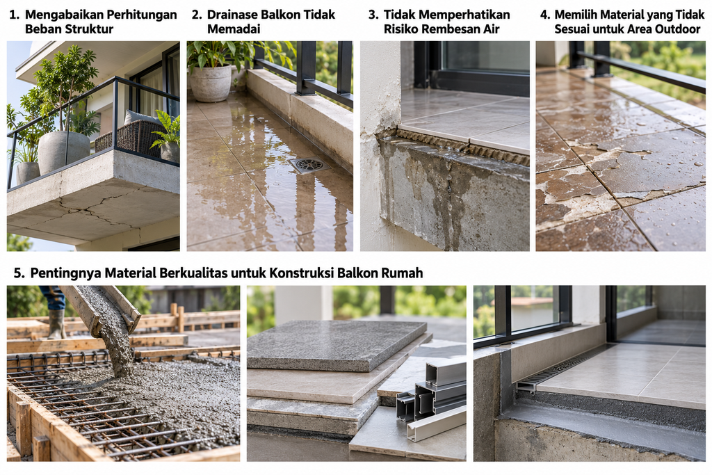 Kolase kesalahan yang perlu dihindari saat membuat balkon rumah, meliputi perhitungan beban struktur yang diabaikan, drainase tidak memadai, risiko rembesan air, penggunaan material yang tidak sesuai untuk area outdoor, serta pentingnya material berkualitas untuk konstruksi balkon.