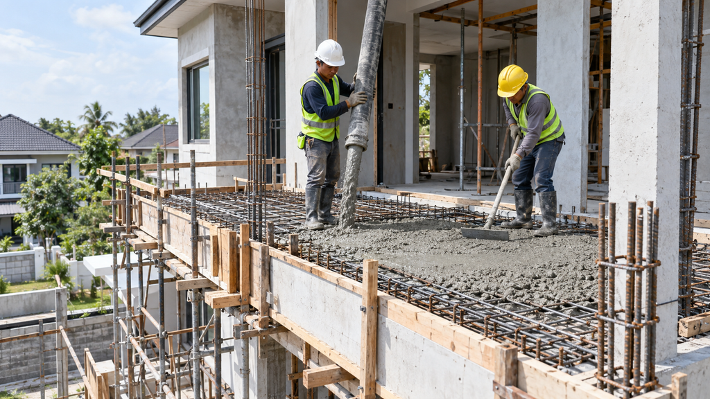Proses pengecoran struktur balkon rumah menggunakan beton berkualitas