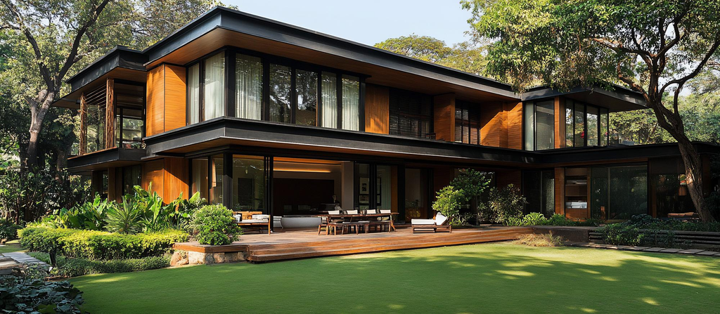 Rumah dengan taman belakang terbuka yang hijau dan nyaman