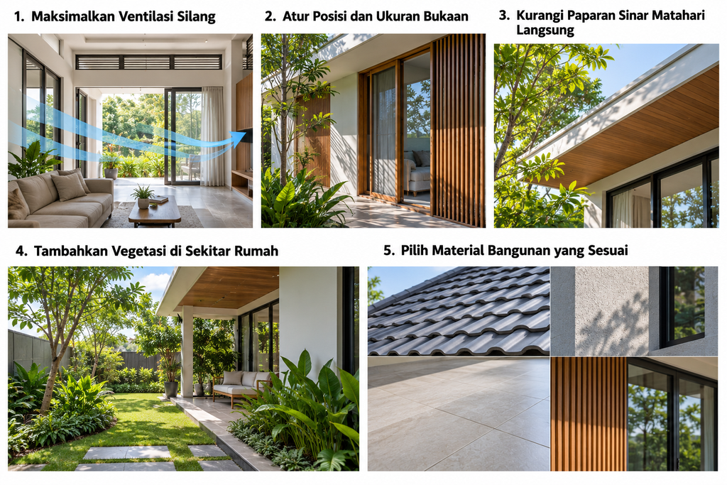 Kolase cara membuat rumah adem dan sejuk secara alami melalui ventilasi silang, pengaturan posisi dan ukuran bukaan, pengurangan paparan sinar matahari langsung, penambahan vegetasi di sekitar rumah, serta pemilihan material bangunan yang sesuai.