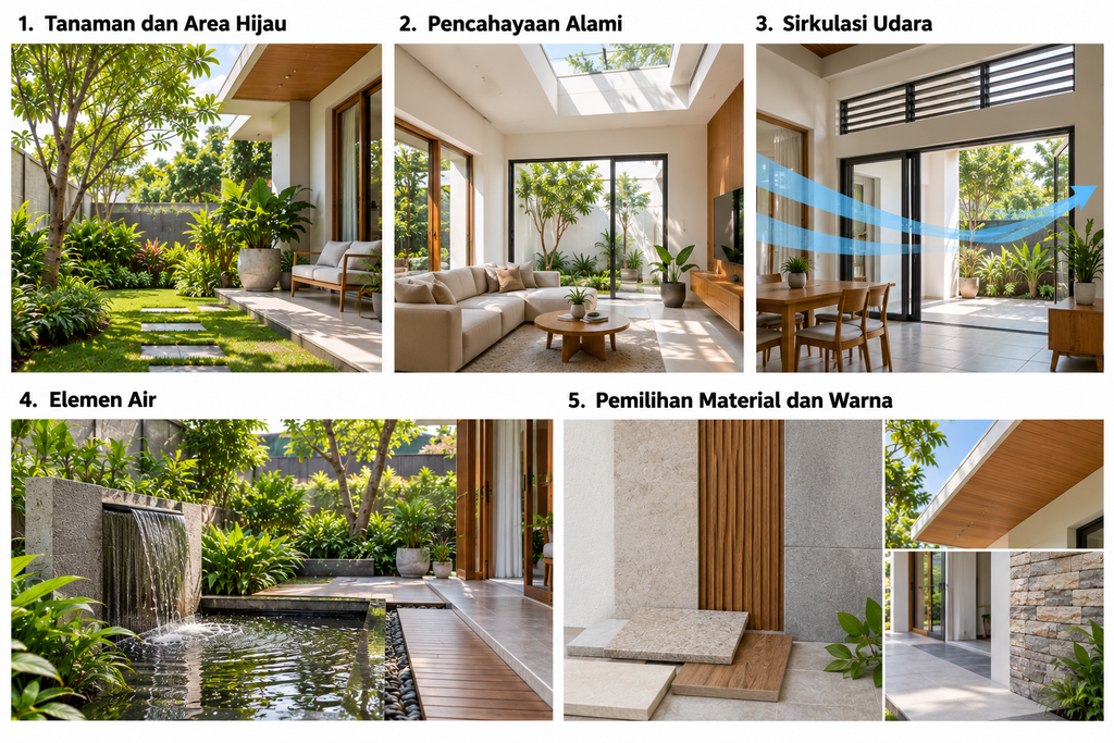 Kolase elemen penting untuk menciptakan rumah asri, meliputi tanaman dan area hijau, pencahayaan alami, sirkulasi udara, elemen air, serta pemilihan material dan warna bernuansa alami.
