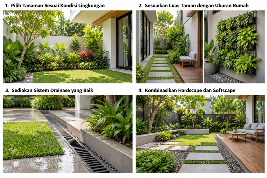 Kolase tips menata area hijau agar rumah mudah dirawat, meliputi pemilihan tanaman sesuai kondisi lingkungan, penyesuaian luas taman dengan ukuran rumah, sistem drainase yang baik, serta kombinasi hardscape dan softscape.