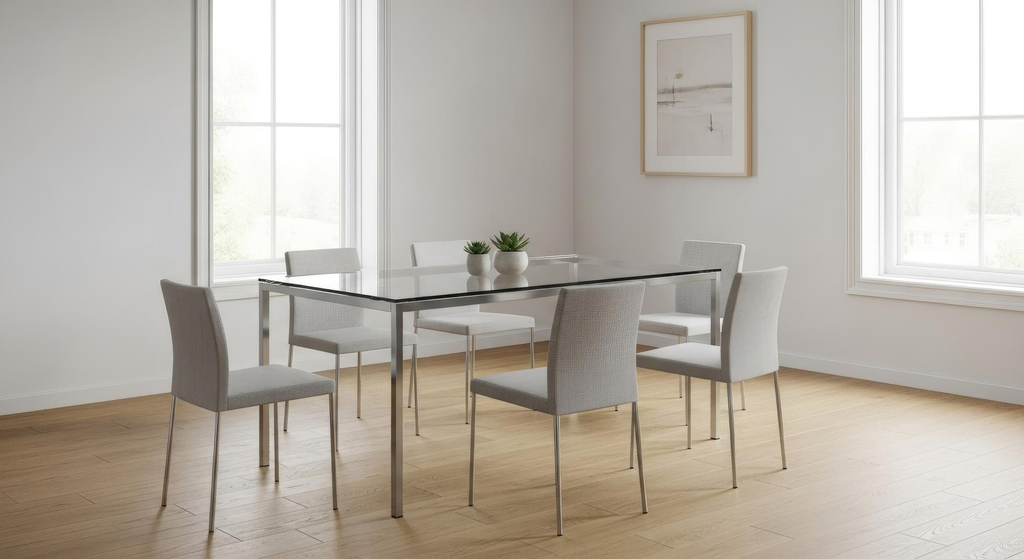 Meja makan minimalis dengan permukaan kaca transparan dan rangka logam ramping pada ruang makan modern.
