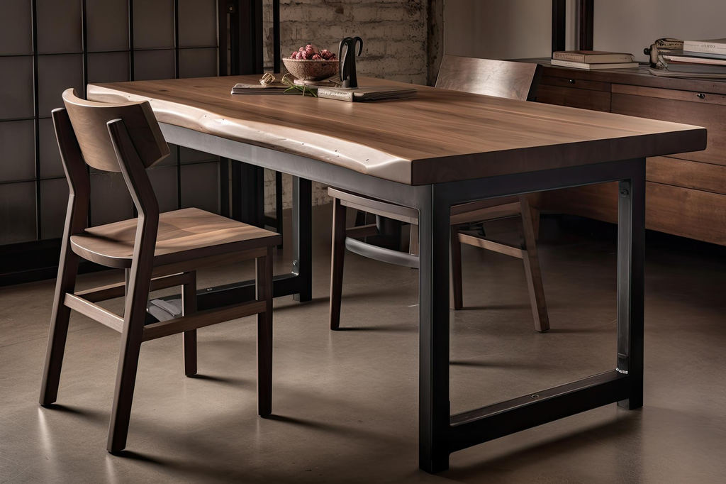 Meja makan industrial minimalis dengan permukaan kayu dan kaki besi hitam pada ruang makan modern.