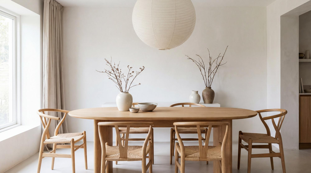 Meja makan oval minimalis dengan desain kontemporer dan kursi berwarna netral pada ruang makan modern.