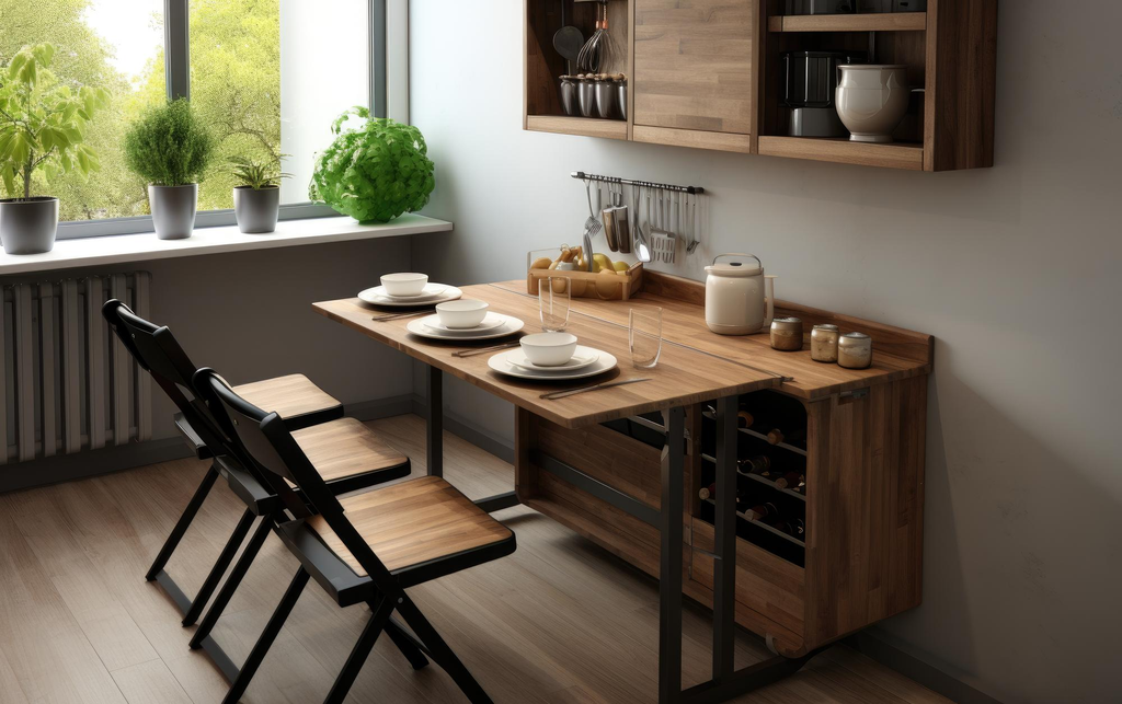 Meja makan lipat minimalis yang hemat ruang pada apartemen kecil dengan interior modern.