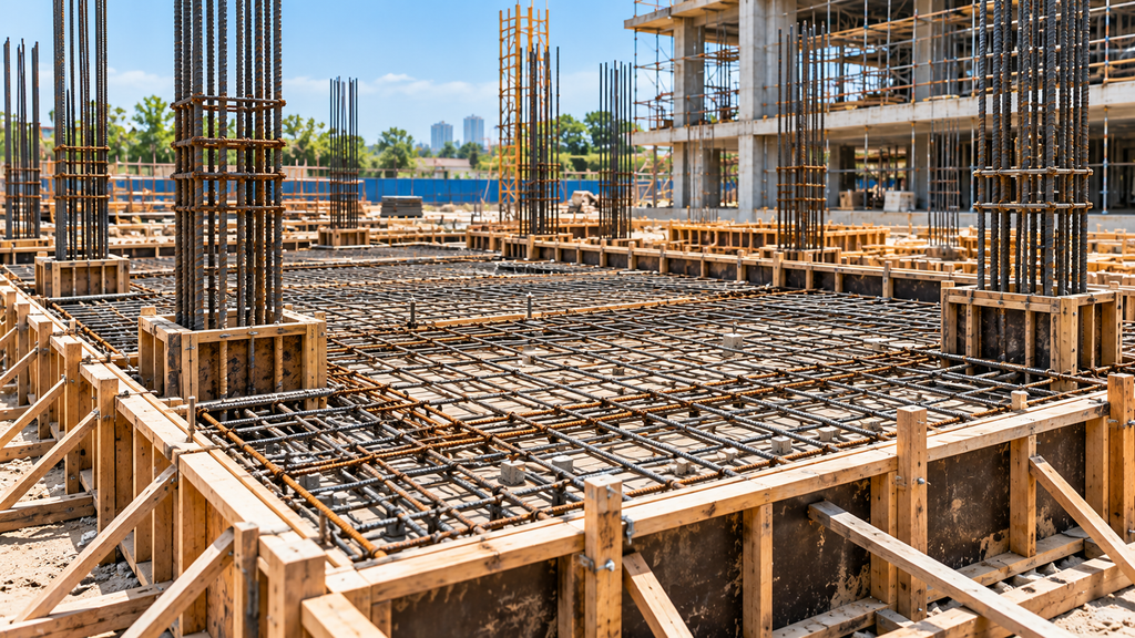 Struktur bekisting dan tulangan baja yang telah dipasang sebagai persiapan pengecoran beton pada proyek bangunan.