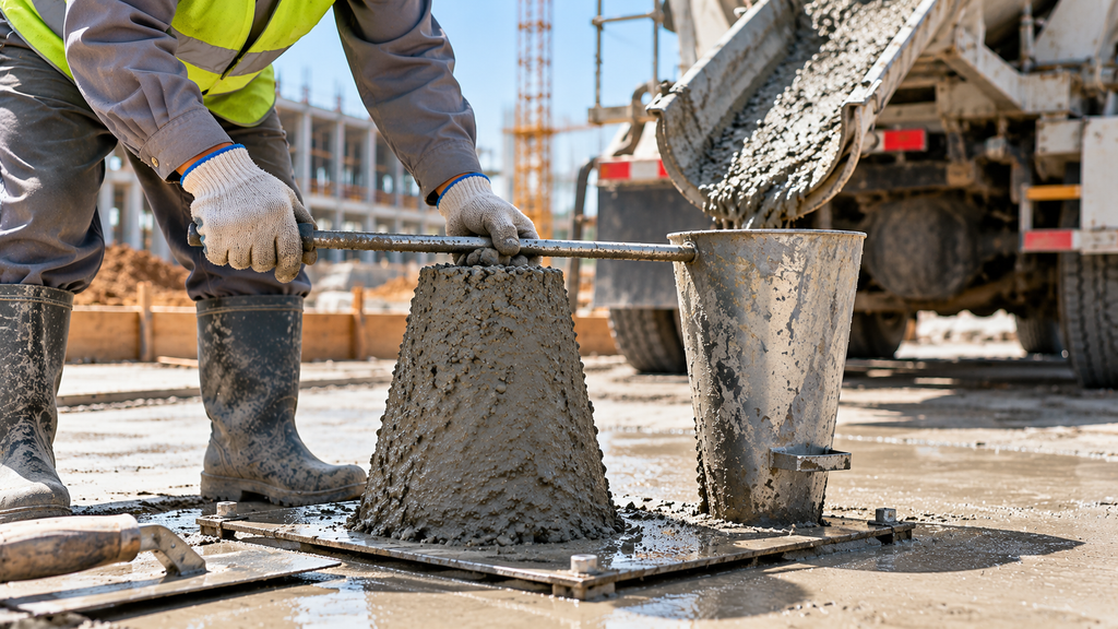 Pengujian slump beton ready mix untuk memeriksa konsistensi beton segar sebelum pengecoran.