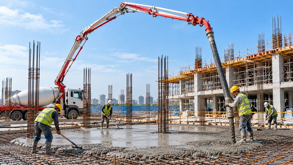 Proses pengecoran struktur bangunan menggunakan concrete pump untuk menyalurkan beton ready mix.