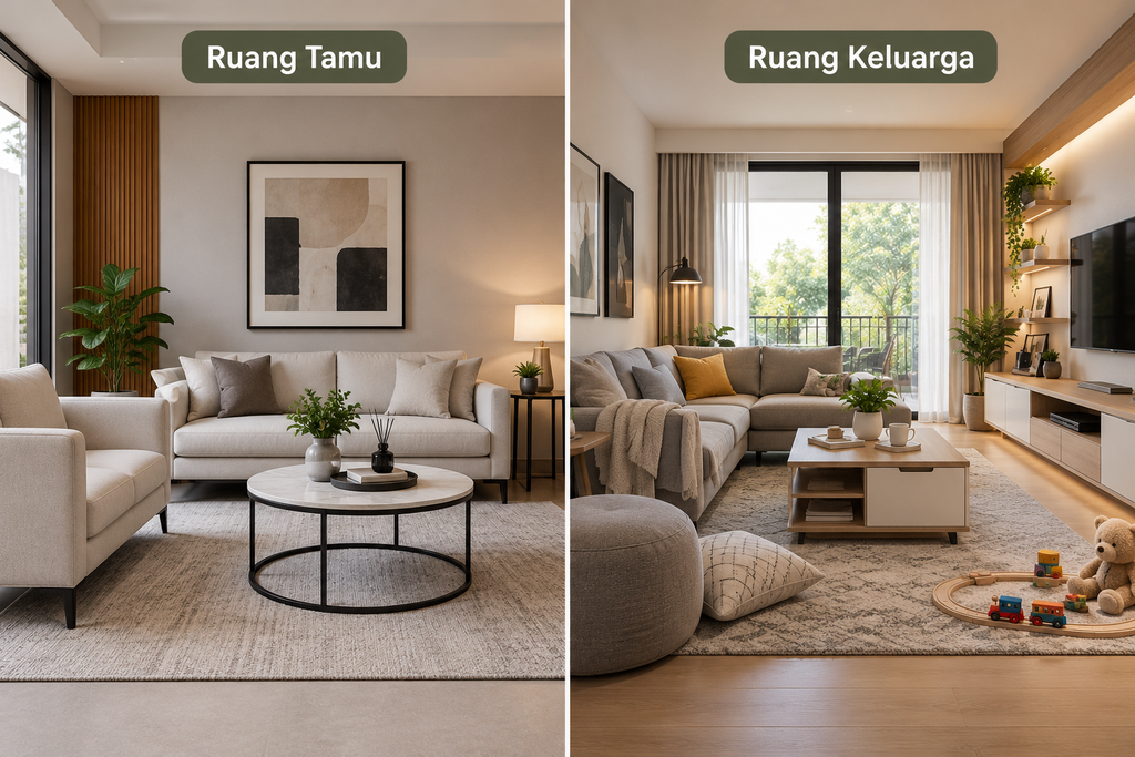 Perbandingan ruang tamu minimalis untuk menerima tamu dan ruang keluarga yang nyaman untuk bersantai, menonton televisi, serta beraktivitas bersama.