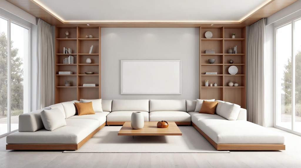 Penataan sofa, meja, dan kabinet televisi pada ruang keluarga minimalis dengan jalur sirkulasi yang lega.