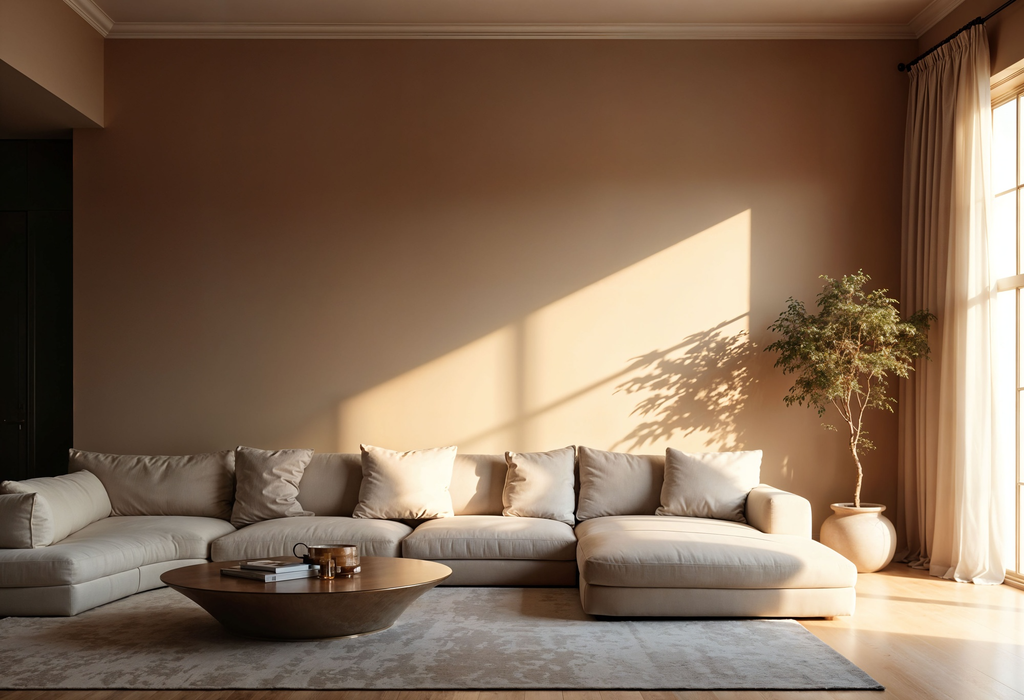 Sofa minimalis berwarna krem dengan ukuran proporsional pada ruang keluarga modern yang nyaman.