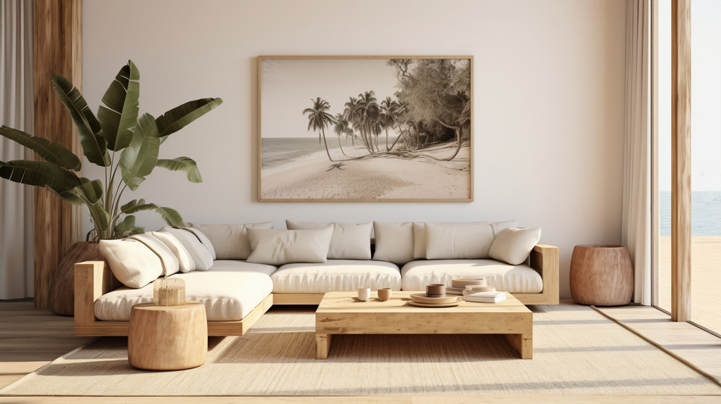 Ruang keluarga minimalis dengan kombinasi dinding putih, furnitur krem, dan aksen kayu natural.