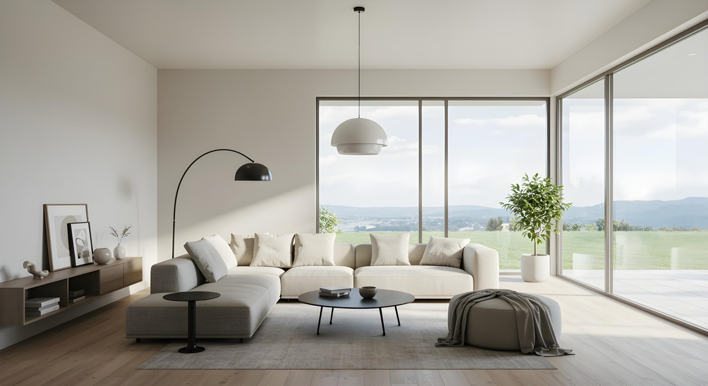 Ruang keluarga minimalis dengan jendela besar yang menghadirkan pencahayaan alami ke area sofa.