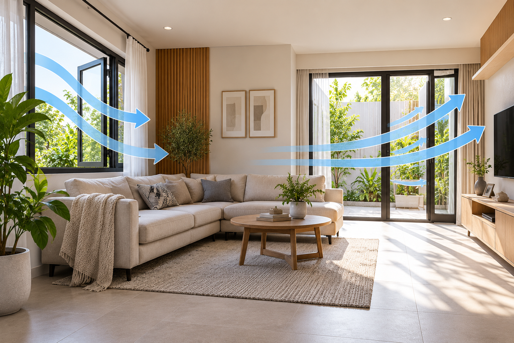 Ruang keluarga minimalis modern dengan jendela dan pintu terbuka yang mendukung ventilasi silang serta sirkulasi udara alami.