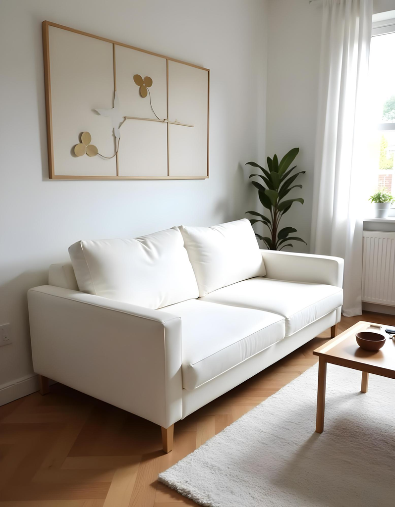 Penataan ruang keluarga minimalis berukuran kecil dengan sofa ringkas dan furnitur hemat ruang.