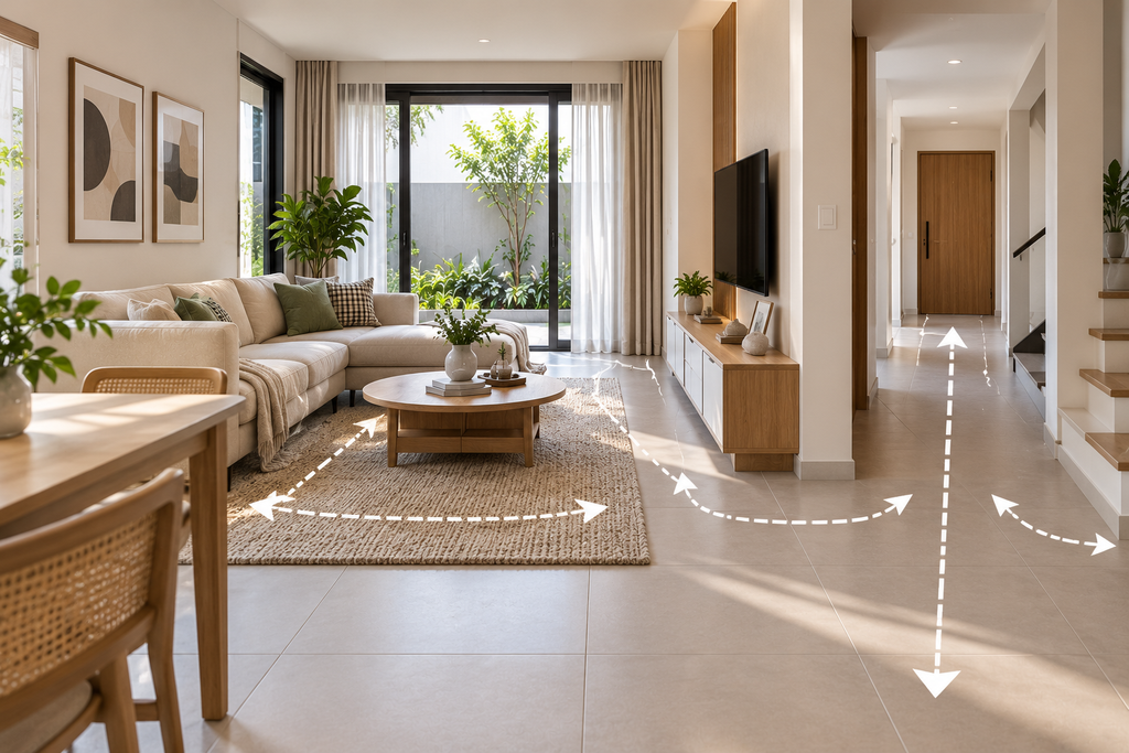 Penataan ruang keluarga minimalis dengan jalur sirkulasi yang lega antara sofa, meja, kabinet televisi, dan akses menuju ruangan lain.