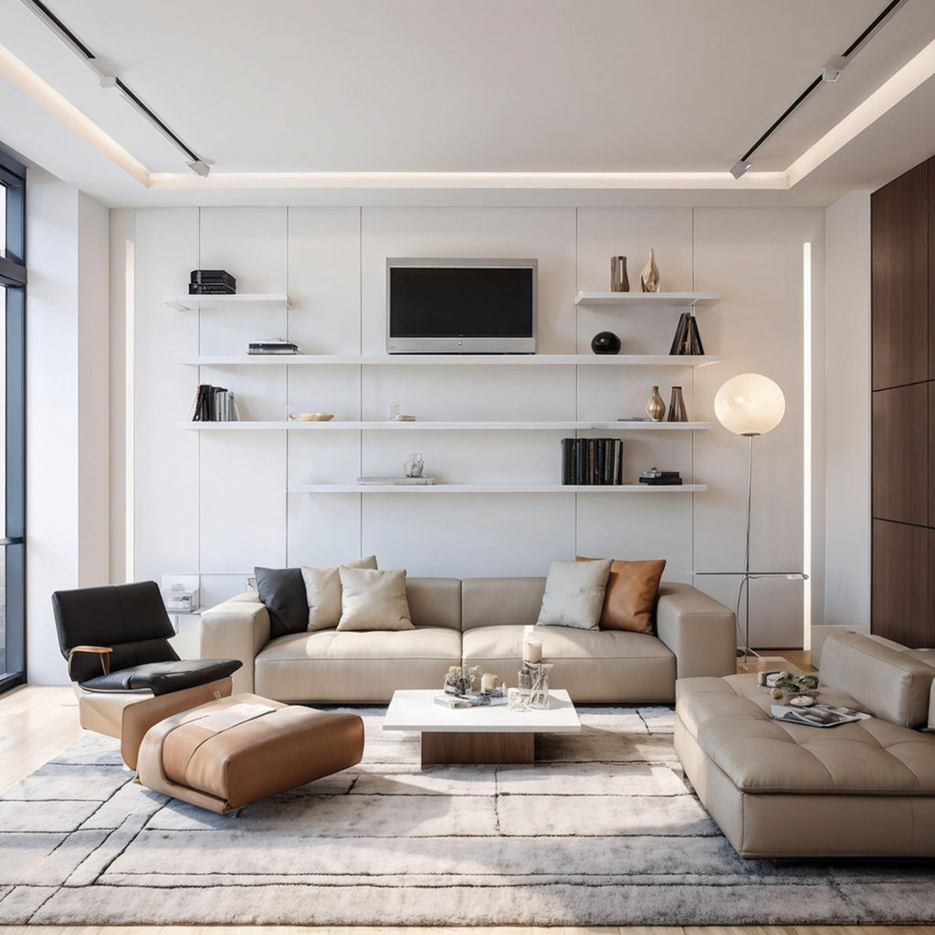 Ruang keluarga minimalis berukuran sedang dengan sofa tiga dudukan, meja tengah, dan kabinet televisi modern.