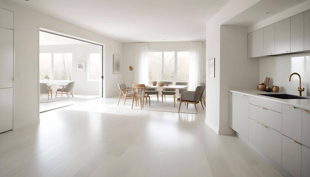 Desain ruang keluarga minimalis open space yang terhubung dengan ruang makan dan dapur modern.