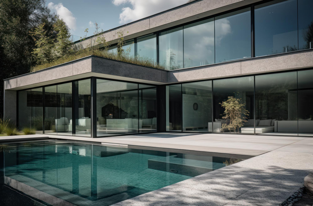 Desain rumah minimalis modern dengan jendela kaca besar dan bingkai ramping pada bagian fasad.