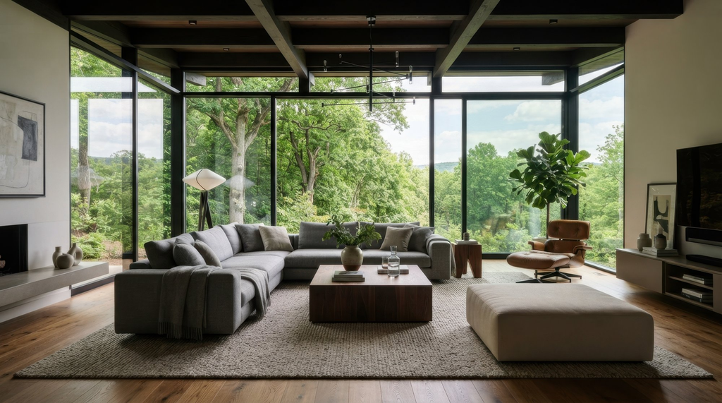 Model jendela geser minimalis dengan bingkai aluminium hitam pada rumah modern.