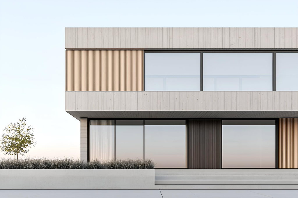 Fasad rumah minimalis modern dengan kombinasi jendela asimetris berukuran vertikal dan horizontal.