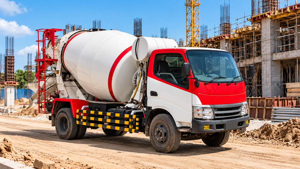 Truk mixer melewati akses jalan proyek konstruksi untuk melakukan pengiriman beton ready mix.