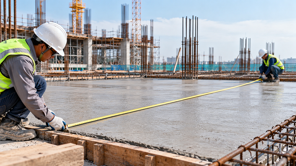Proses pengukuran panjang, lebar, dan ketebalan area pelat lantai untuk menghitung kebutuhan volume beton.