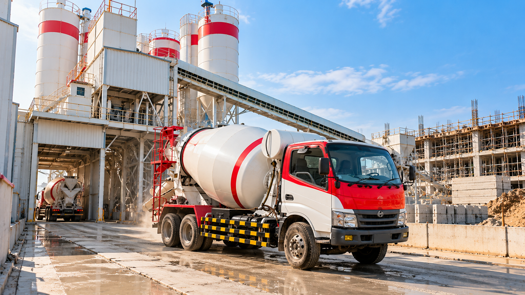 Proses pengiriman beton ready mix menggunakan truk mixer dari batching plant menuju lokasi konstruksi.