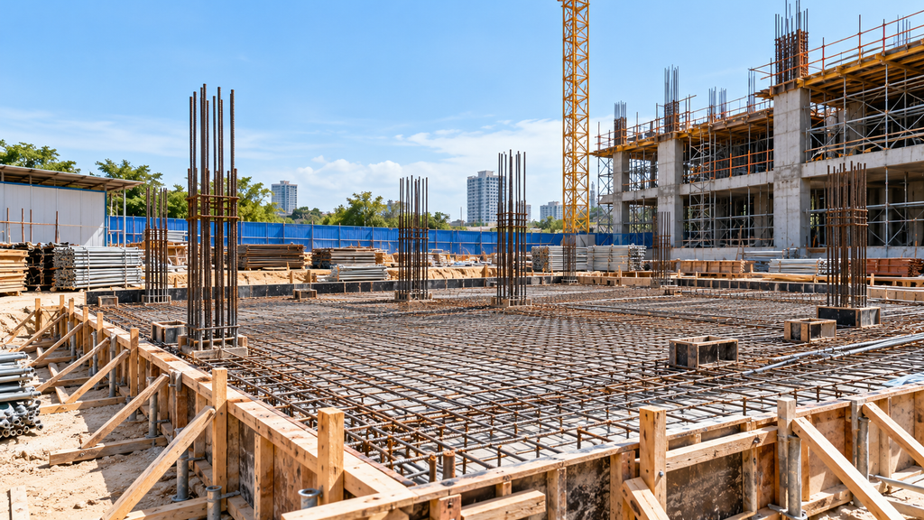 Kondisi area proyek konstruksi yang telah dipersiapkan sebelum pengiriman dan pelaksanaan pengecoran beton ready mix.