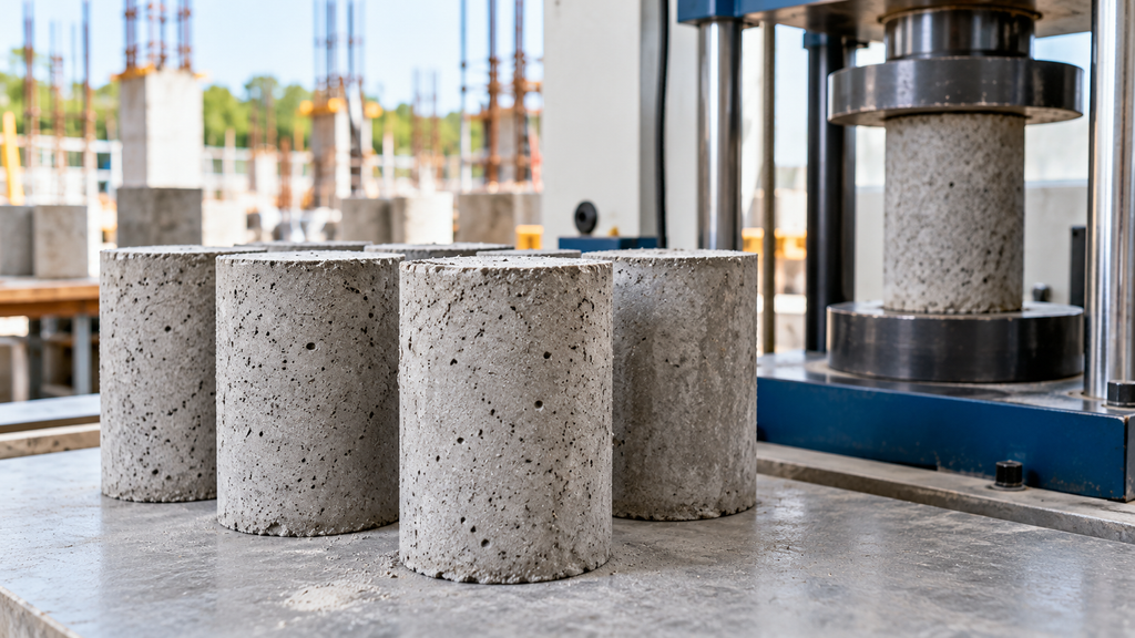 Sampel beton berbentuk silinder untuk pengujian kuat tekan dan pemeriksaan mutu beton konstruksi.