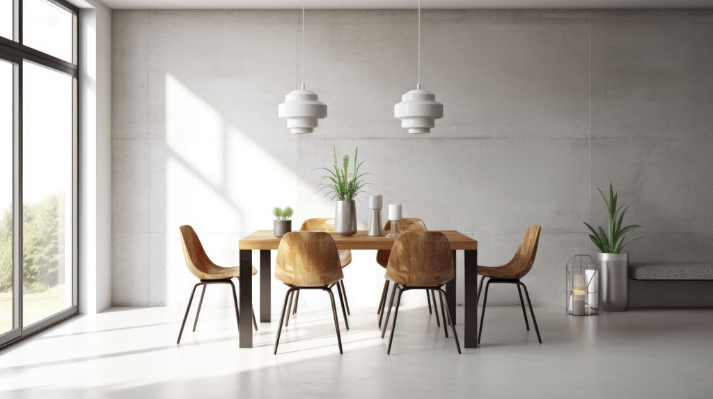 Desain ruang makan minimalis modern dengan meja makan elegan, kursi sederhana, dan pencahayaan alami.