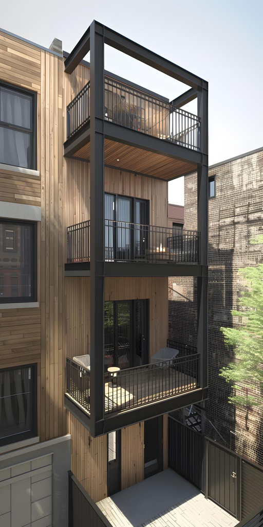 Pagar balkon besi vertikal berwarna hitam dengan desain sederhana pada rumah minimalis dua lantai.