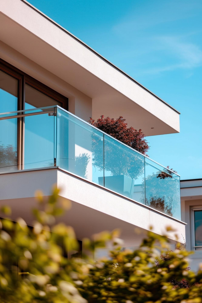 Pagar balkon kaca transparan dengan rangka minimalis pada fasad rumah dua lantai modern.