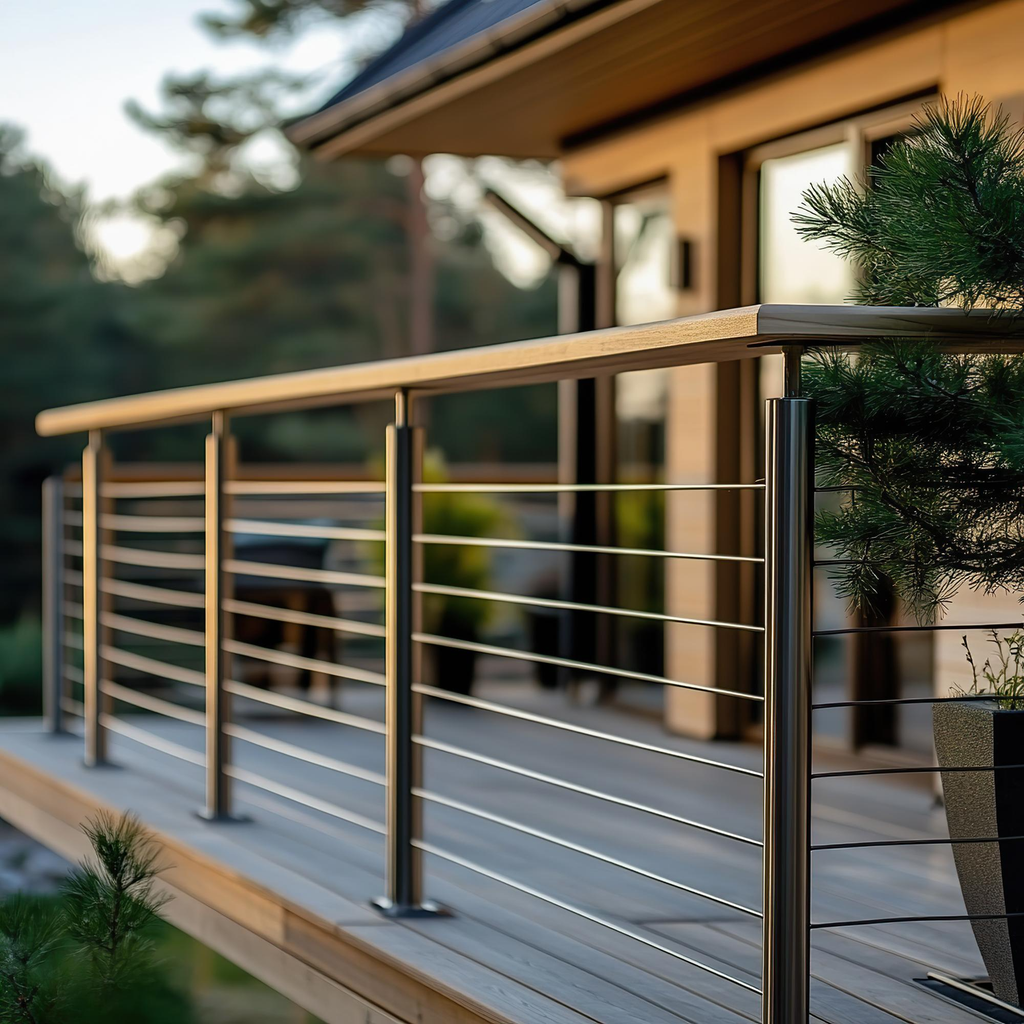 Pagar balkon rumah minimalis dengan kombinasi rangka besi hitam dan panel kayu natural.
