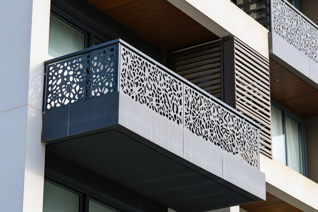 Pagar balkon minimalis menggunakan panel logam berlubang dengan pola modern pada fasad rumah.