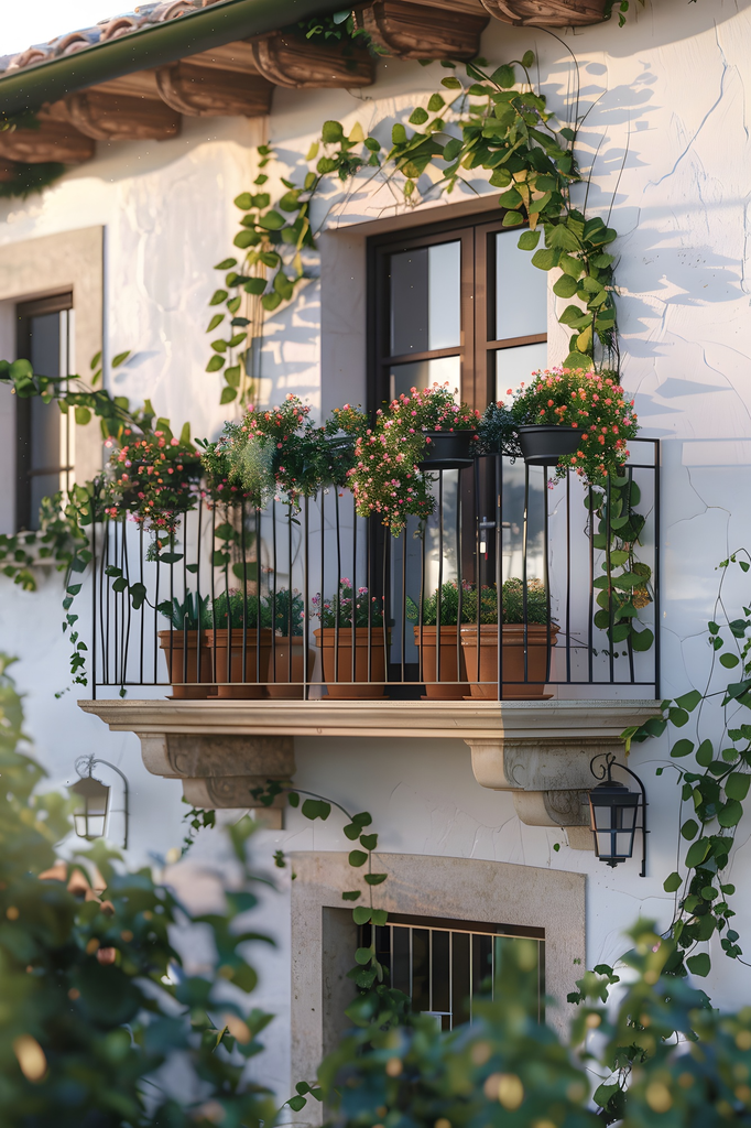 Pagar balkon minimalis dengan planter box dan tanaman hijau pada fasad rumah dua lantai modern.