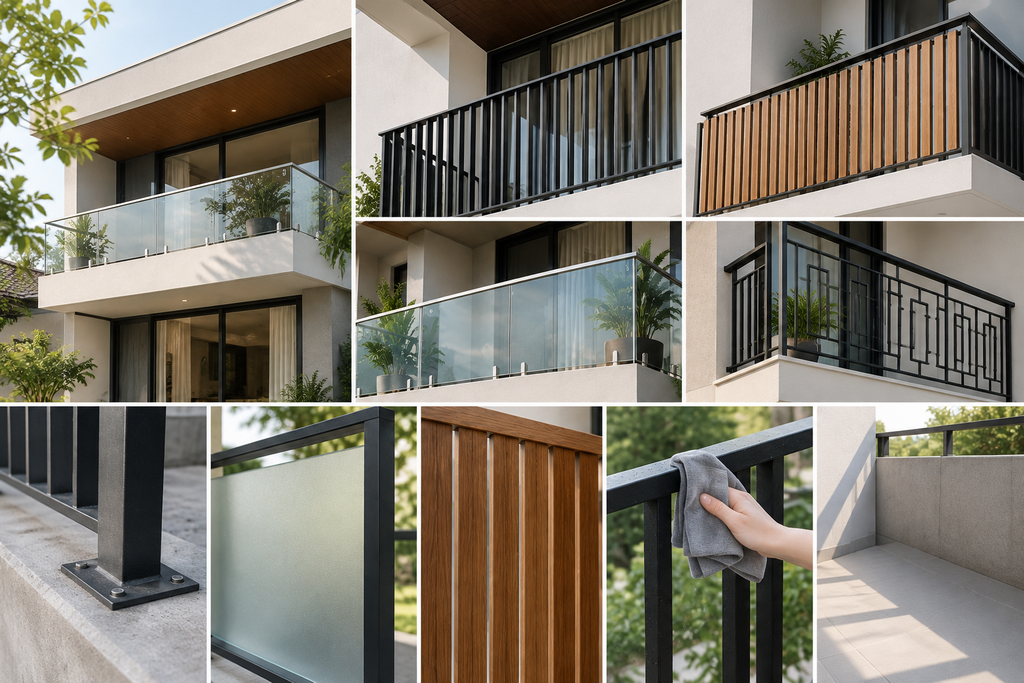 Kolase berbagai desain pagar balkon minimalis untuk rumah dua lantai, meliputi pagar kaca, besi, kayu, serta detail pemasangan, privasi, dan perawatan.