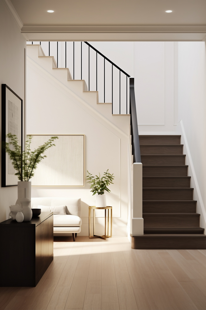 Desain tangga rumah dua lantai modern dengan anak tangga elegan dan railing minimalis pada interior hunian.